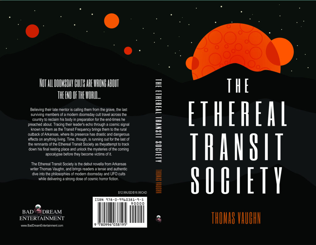 Full cover for Thomas Vaughn's debut novella, The Ethereal Transit Society. Designed by Viki Lester of Forensics and Flowers.